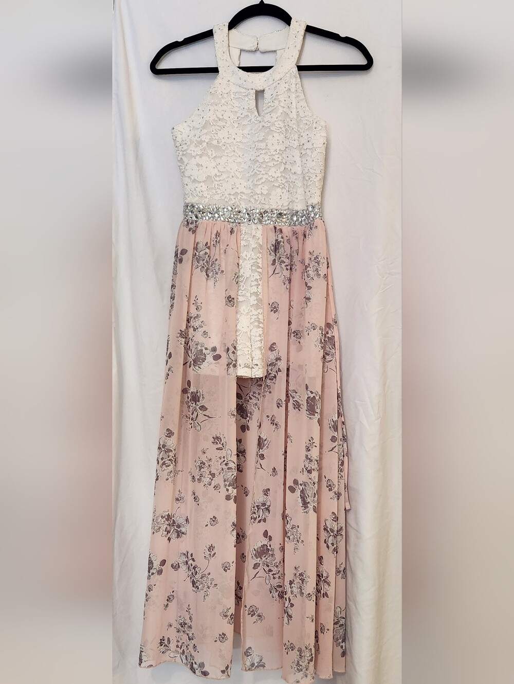 Girls/Teen White Lace/Rhinestone Pink Floral High-Low Halter Romper Dress, 16